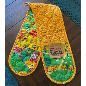 Vintage Hot-Handler Double Oven Mitt Kitchen Works Folk Art Quilted Yellow 32"